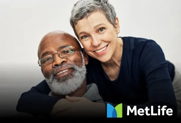 Smiling older man and woman embracing, with the MetLife logo below.